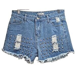 Ouro Puro Womens High Rise Distressed Studded Raw Hem Beltloop Shorts Size M